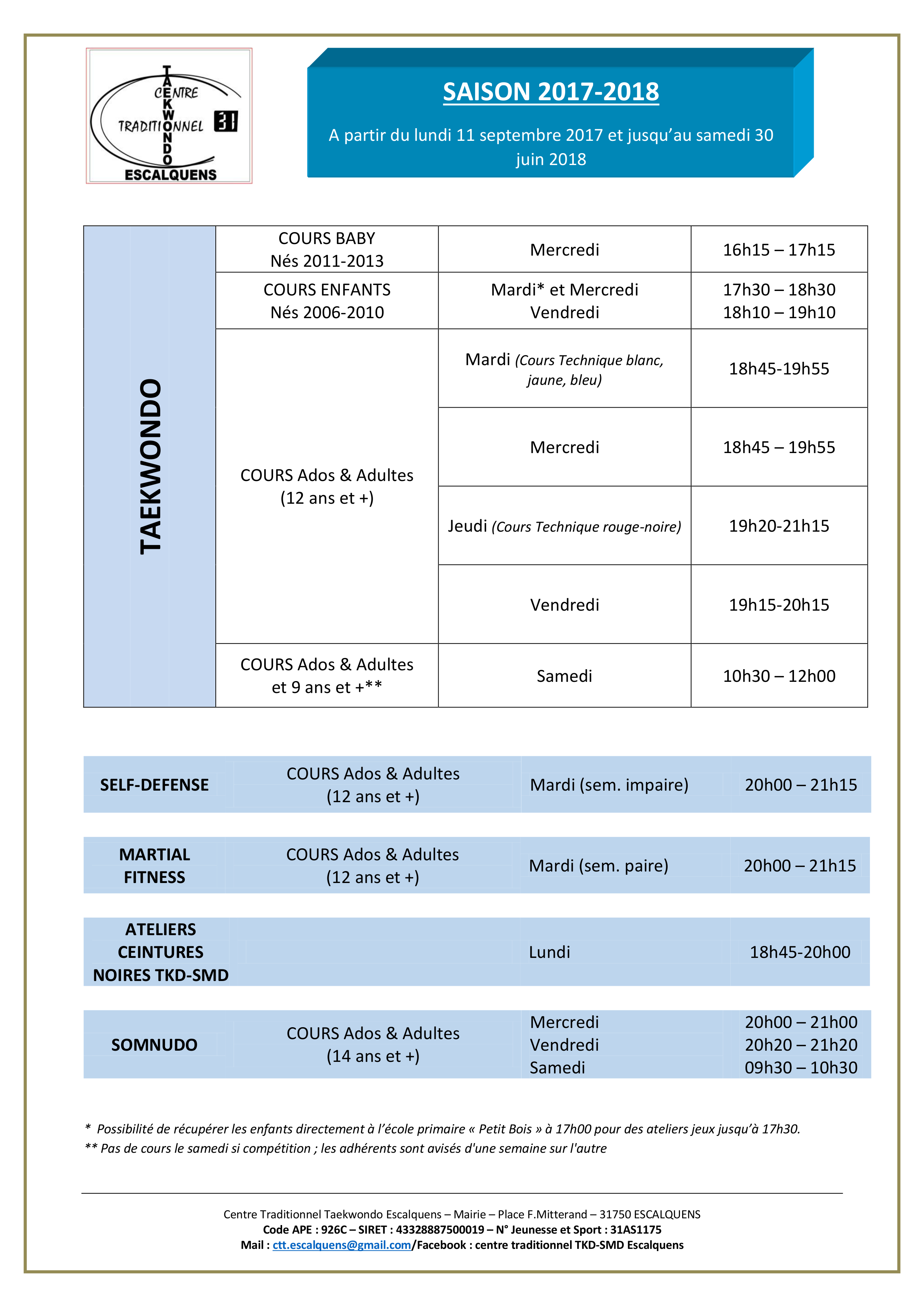 Planning des cours
